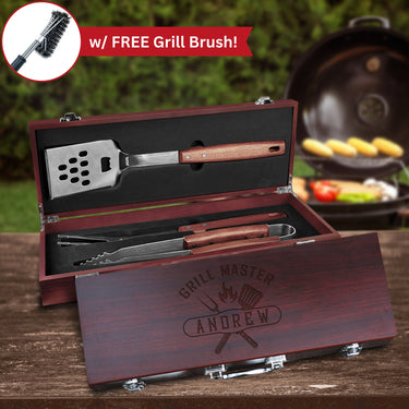 Personalized BBQ Grill Tool Set with Rosewood Case